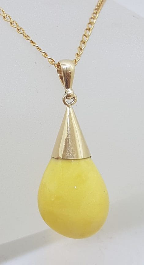 9ct Yellow Gold Natural Butter Amber Drop in Cone Shape Pendant on Gold Chain