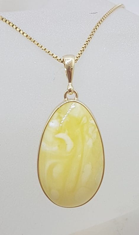 9ct Yellow Gold Bezel Set Natural Butter Amber Pendant on Gold Chain
