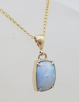 9ct Yellow Gold Rectangular Blue Opal Claw Set Pendant on Gold Chain