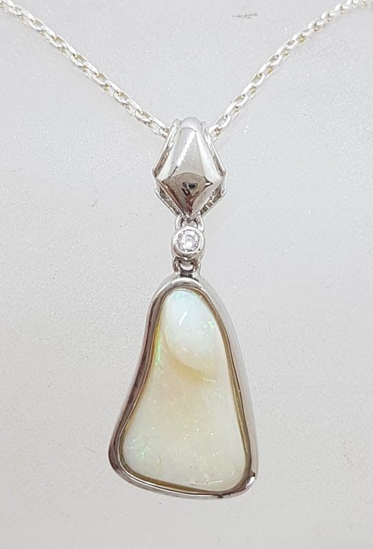 Sterling Silver White Opal Solid Pendant with Cubic Zirconia on Silver Chain