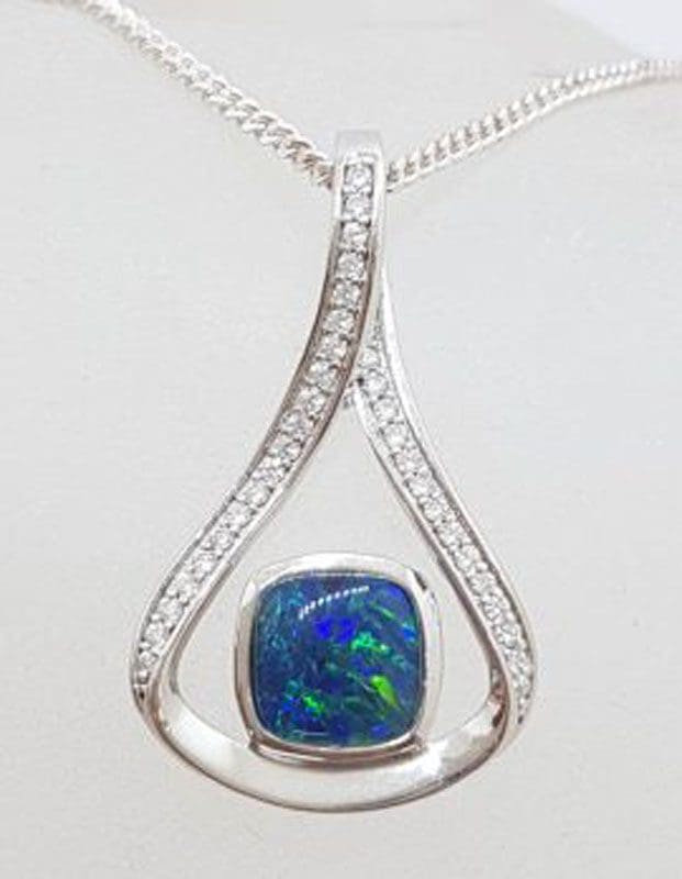 Sterling Silver Blue Opal & Cubic Zirconia Large Pendant on Silver Chain