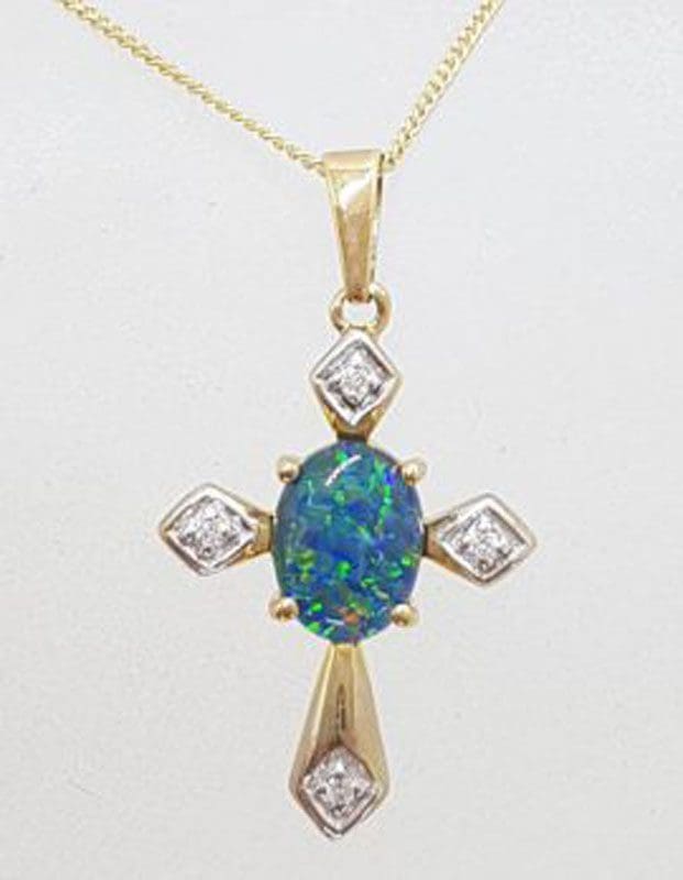 9ct Yellow Gold Opal & Diamond Cross / Crucifix Pendant on Gold Chain