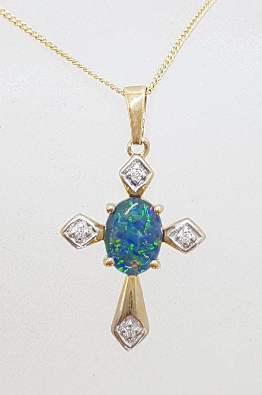 9ct Yellow Gold Opal & Diamond Cross / Crucifix Pendant on Gold Chain