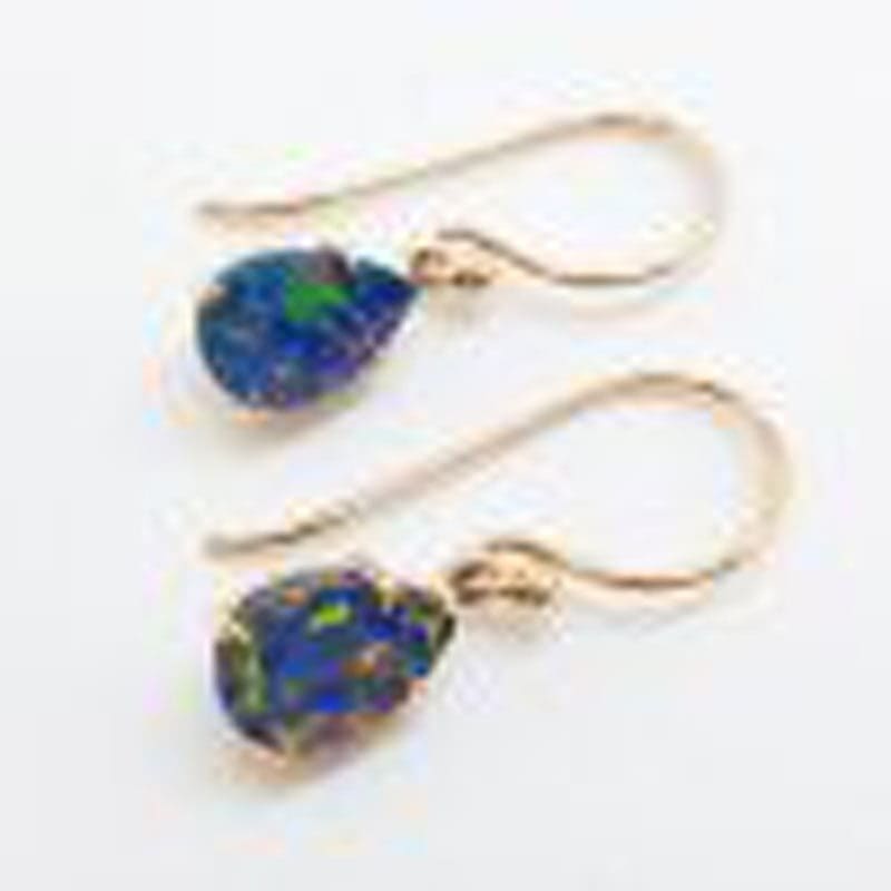 * SOLD * 9ct Rose Gold Claw Set Teardrop / Pear Shape Blue and Multi-Colour Opal Drop Earrings