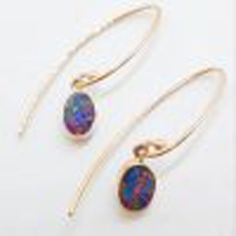 9ct Rose Gold Bezel Set Oval Blue and Multi-Colour Opal Drop Earrings
