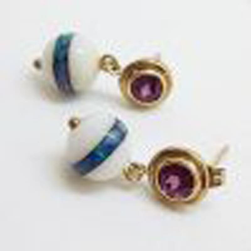 9ct Yellow Gold Malachite with Agate and Opal Inlay Handmade Ball Drop Earrings