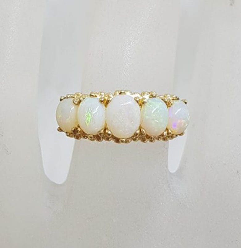 9ct Yellow Gold 5 Oval White Opals Bridge Set Ring - Solid Opal