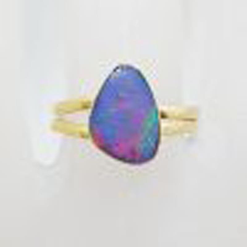 9ct Yellow Gold Triangular Blue Opal Ring - Cooper Pedy - Expandable Band