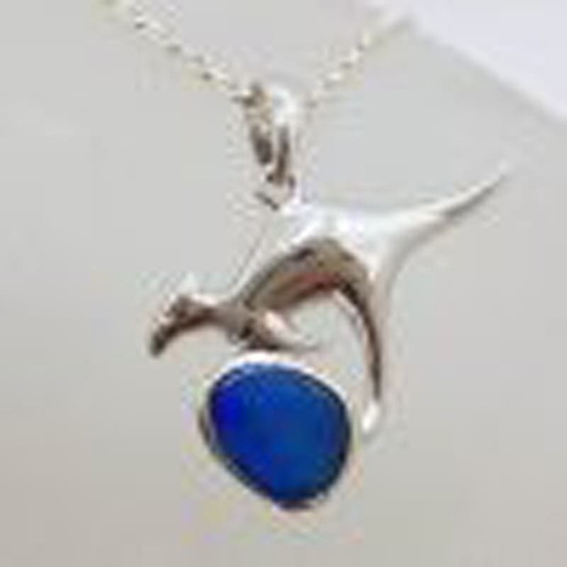 Sterling Silver Opal Kangaroo Pendant on Sterling Silver Chain Blue