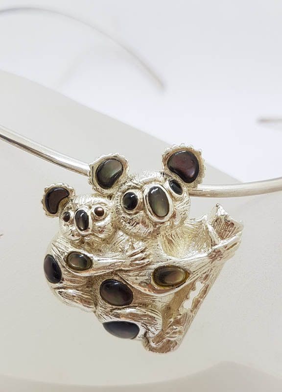 Sterling Silver Large Paua Shell Mother and Child Koala on a Branch Pendant on Sterling Silver Choker Necklace / Chain