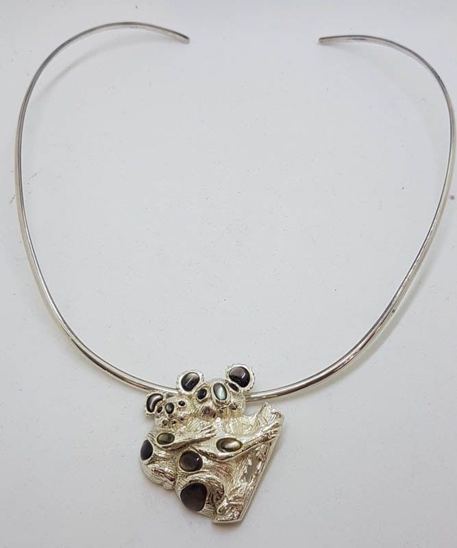 Sterling Silver Large Paua Shell Mother and Child Koala on a Branch Pendant on Sterling Silver Choker Necklace / Chain