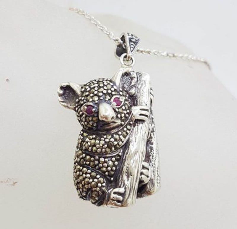 Sterling Silver Marcasite Koala with Ruby Eyes Pendant on Sterling Silver Chain