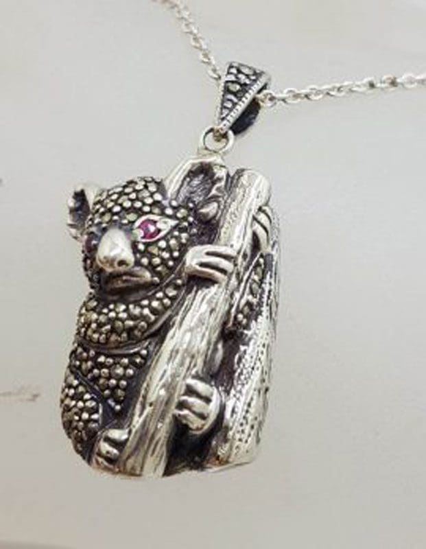 Sterling Silver Marcasite Koala with Ruby Eyes Pendant on Sterling Silver Chain