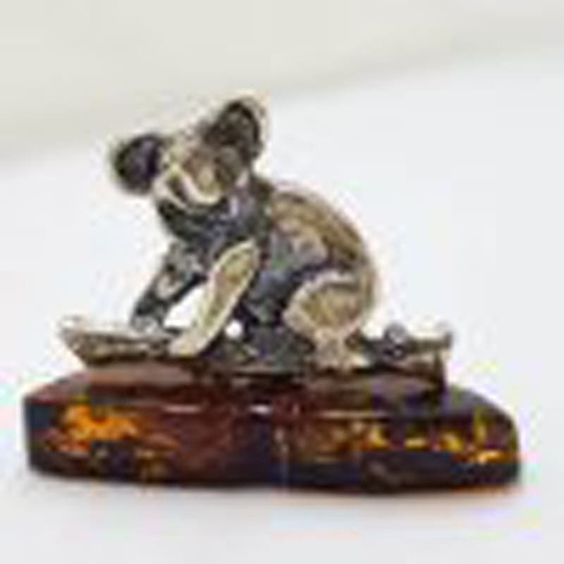 Australian Koala - Solid Sterling Silver Natural Baltic Amber Small Animal Figurine / Statue / Sculpture