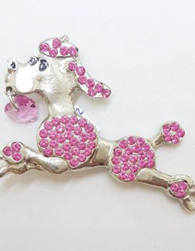 Large Pink Rhinestone Plated Poodle Dog Brooch - Vintage Costume Jewellery