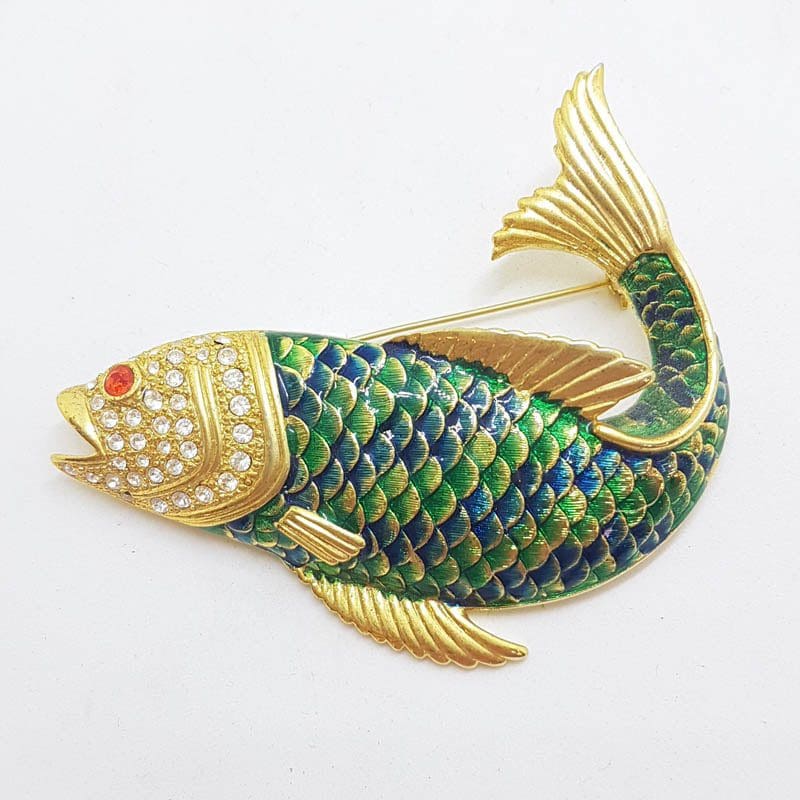 20210517_193643 Plated Large Enamel Blue and Green Fish Brooch - Vintage Costume Jewellery