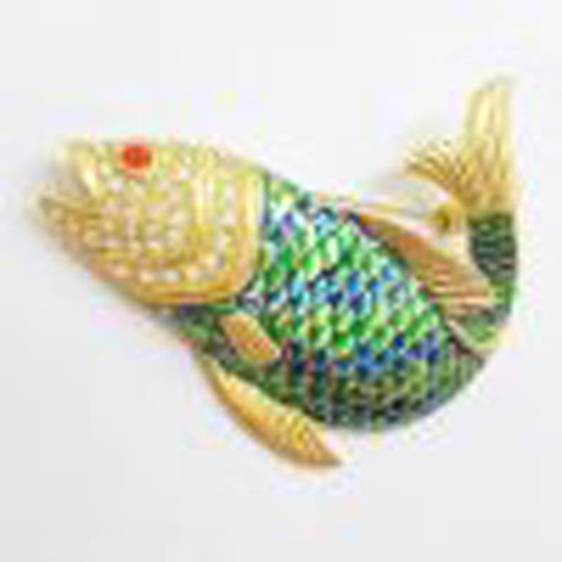 Plated Large Enamel Blue and Green Fish Brooch - Vintage Costume Jewellery