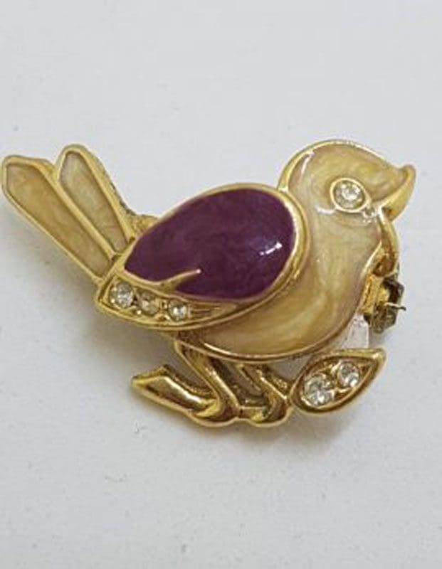 Plated Small Enamel Bird Brooch - Vintage Costume Jewellery