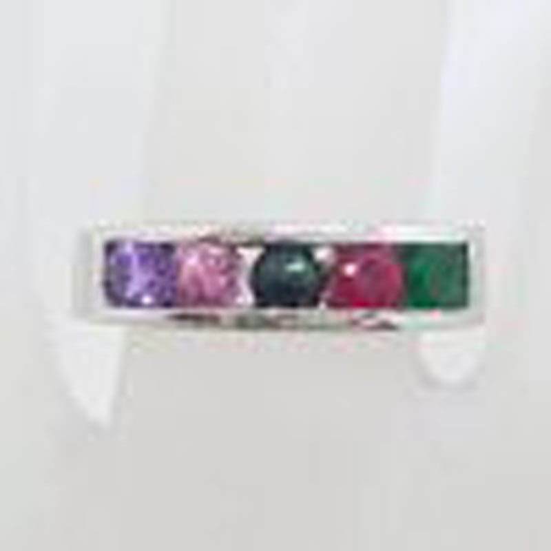 Sterling Silver Multi-Colour Gemstone " AMORE " Ring - Amethyst, Morganite, Onyx, Ruby and Emerald