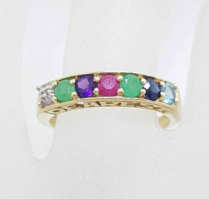* SOLD * 9ct Yellow Gold “Dearest” Ring – DEAREST Diamond, Emerald, Amethyst, Ruby, Emerald, Sapphire, Topaz