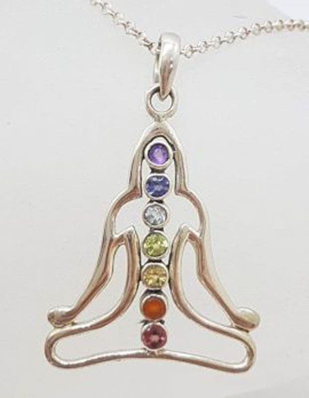 Sterling Silver Yoga / Meditation / Person / Body Shaped Chakra Pendant on Silver Chain – Amethyst, Carnelian, Citrine, Garnet, Iolite, Peridot and Topaz - Available in two sizes