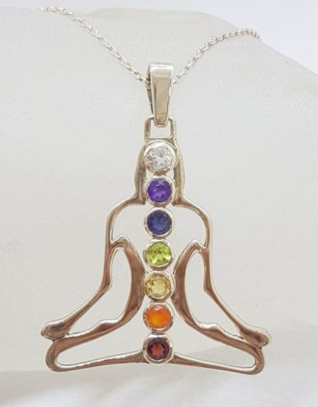 Sterling Silver Yoga / Meditation / Person / Body Shaped Chakra Pendant on Silver Chain – Amethyst, Carnelian, Citrine, Garnet, Iolite, Peridot and Topaz - Available in two sizes