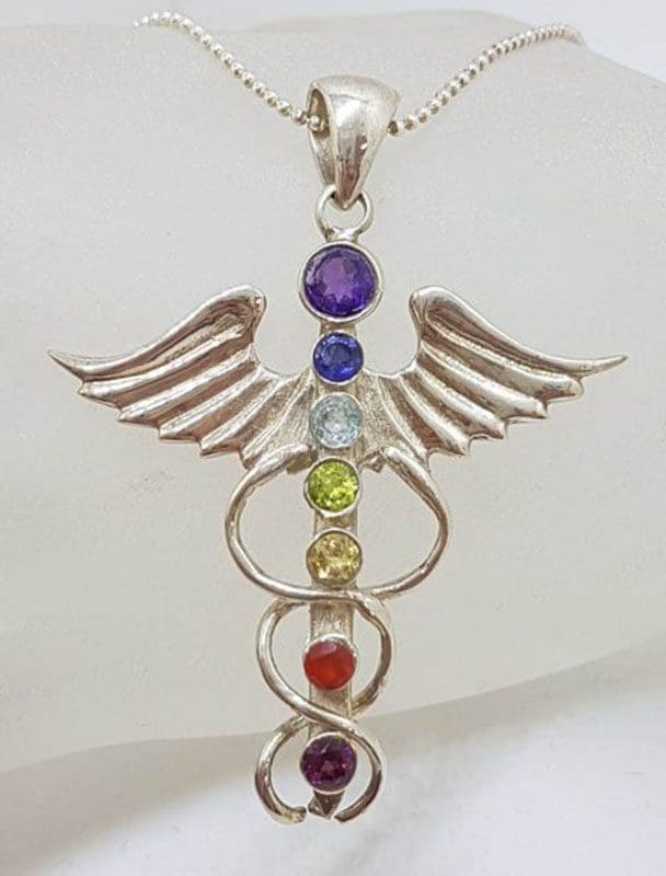 Sterling Silver Caduceus Symbol Chakra Pendant on Silver Chain – Amethyst, Carnelian, Citrine, Garnet, Iolite, Peridot and Topaz