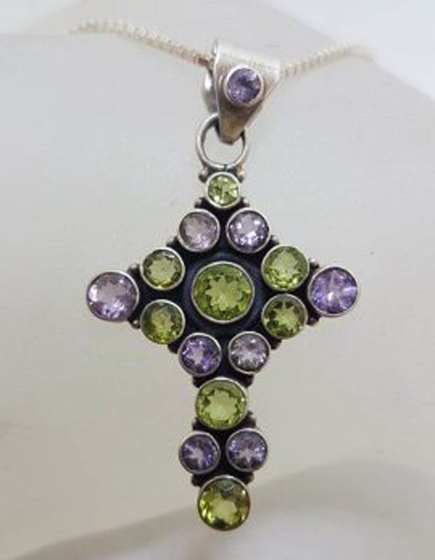 Sterling Silver Large Amethyst and Peridot Cross / Crucifix Pendant on Silver Chain