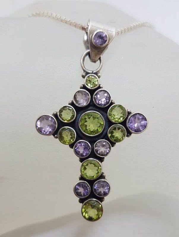 Sterling Silver Large Amethyst and Peridot Cross / Crucifix Pendant on Silver Chain