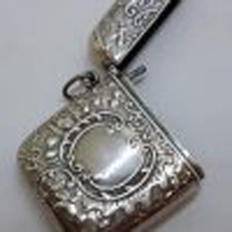 Sterling Silver Ornate Design Rectangular Vesta Case - Hallmarked - Antique / Vintage