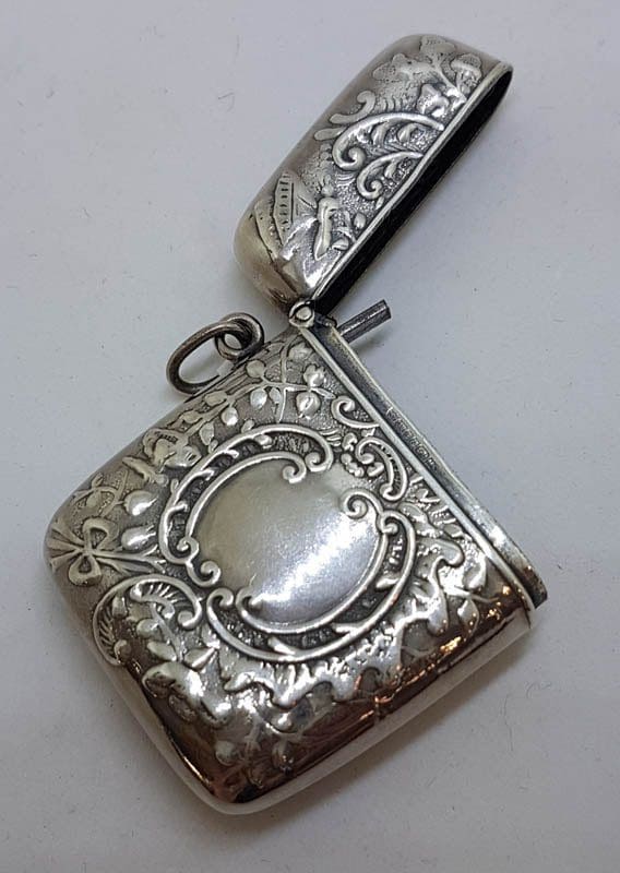 Sterling Silver Ornate Design Rectangular Vesta Case - Hallmarked - Antique / Vintage