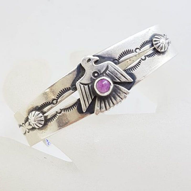 Sterling Silver Native American Designer Eagle Motif Cuff Bangle with Pink Stone