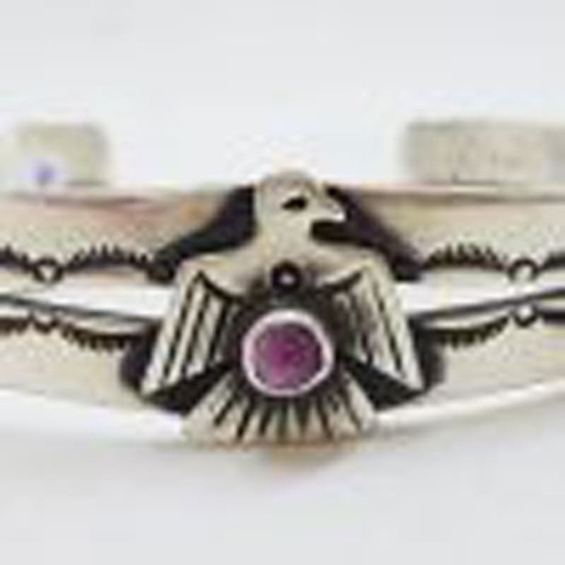 Sterling Silver Native American Designer Eagle Motif Cuff Bangle with Pink Stone