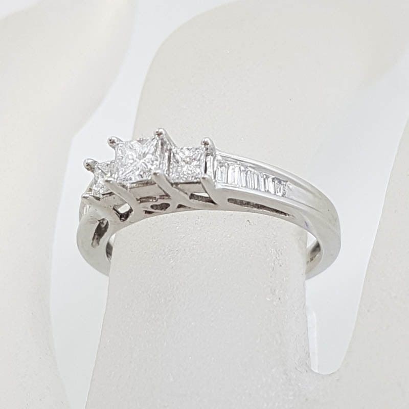 18ct White Gold Claw Set and Channel Set Three Princess Cut with Baguette Diamond Ring - Engagement Ring