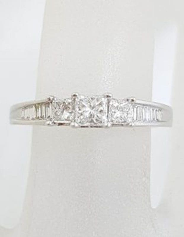 18ct White Gold Claw Set and Channel Set Three Princess Cut with Baguette Diamond Ring - Engagement Ring