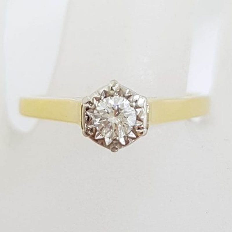 18ct Yellow Gold High Set Diamond Ring - Engagement Ring - Antique / Vintage