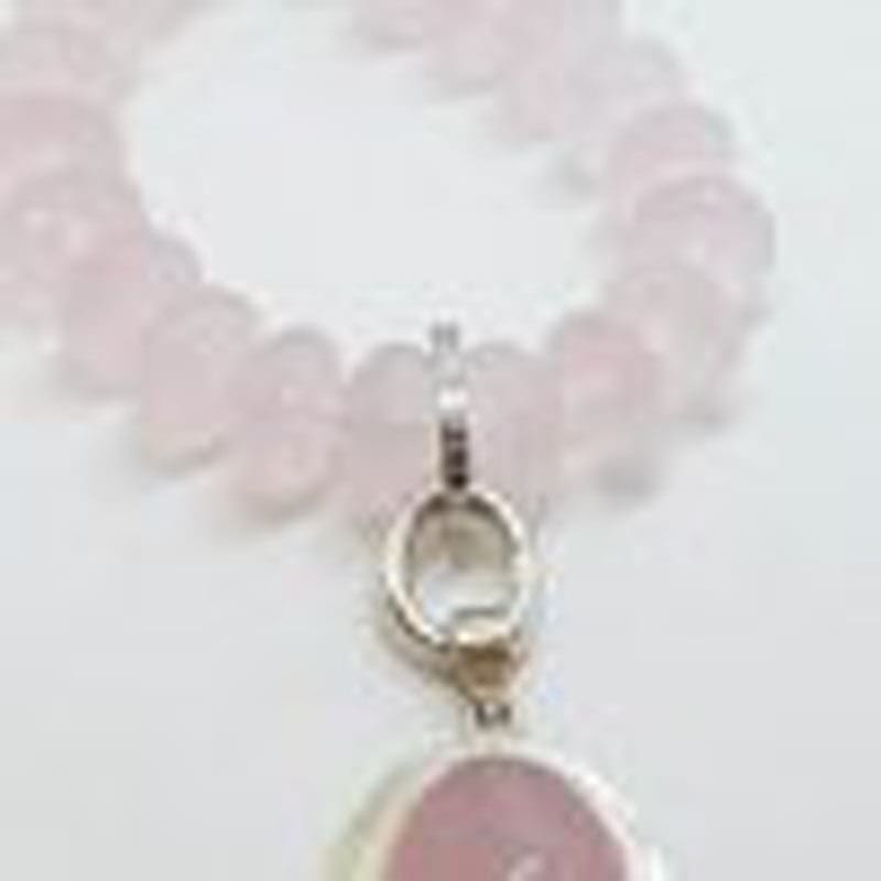 Sterling Silver Very Large Oval Rose Quartz Pendant on Heavy and Large Rose Quartz Faceted Bead Collier Chain / Necklace