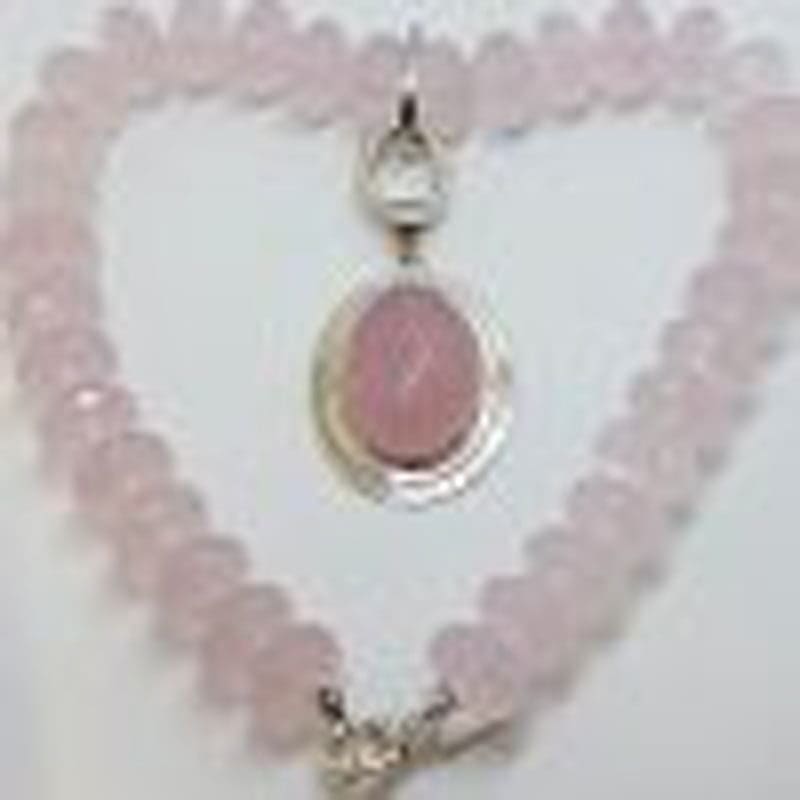 Sterling Silver Very Large Oval Rose Quartz Pendant on Heavy and Large Rose Quartz Faceted Bead Collier Chain / Necklace