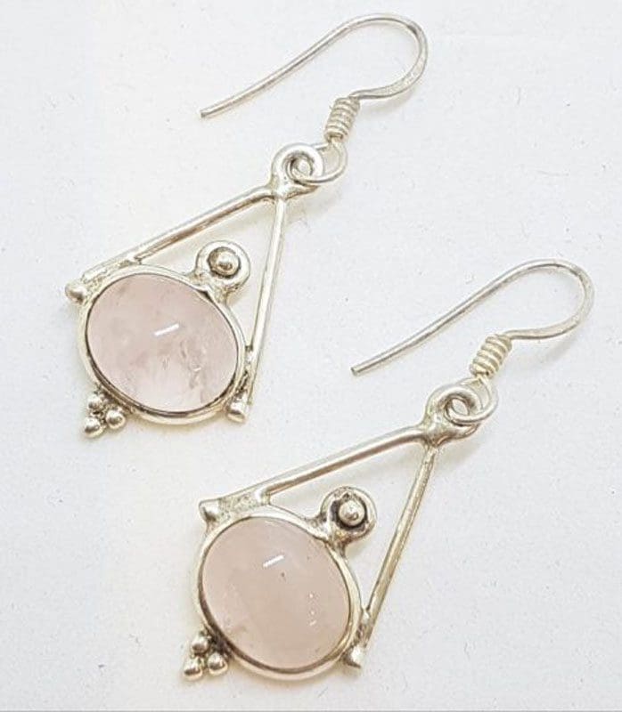 Sterling Silver Ornate Set Oval Rose Quartz Drop Earrings