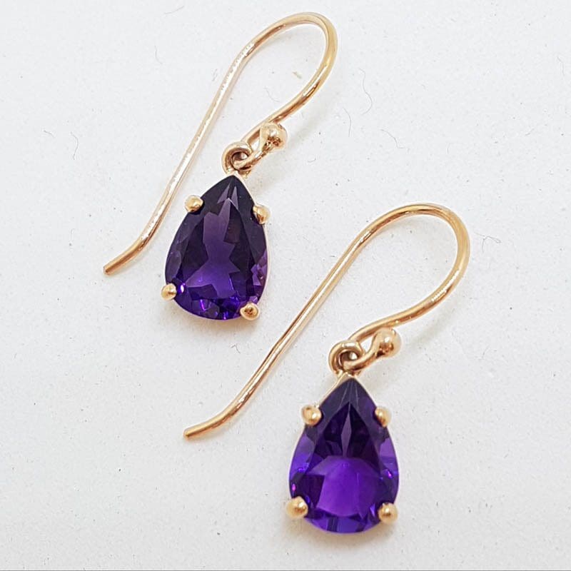 20210517_202017 9ct Rose Gold Teardrop / Pear Shape Claw Set Amethyst Drop Earrings