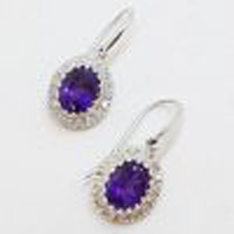 9ct White Gold Oval Amethyst and Diamond Cluster Drop Earrings