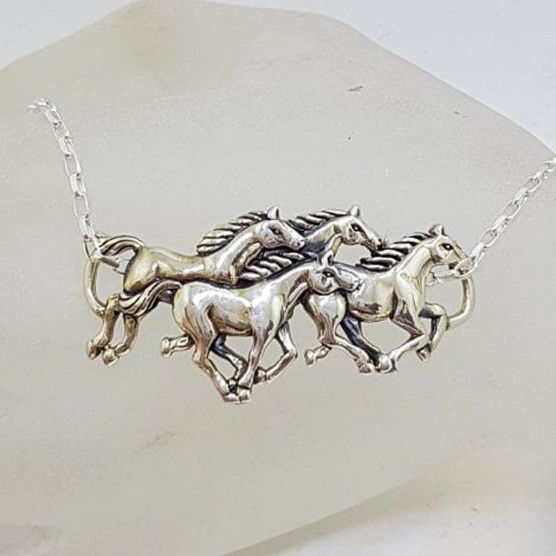 Sterling Silver Four Horses Racing Large Pendant on Silver Chain