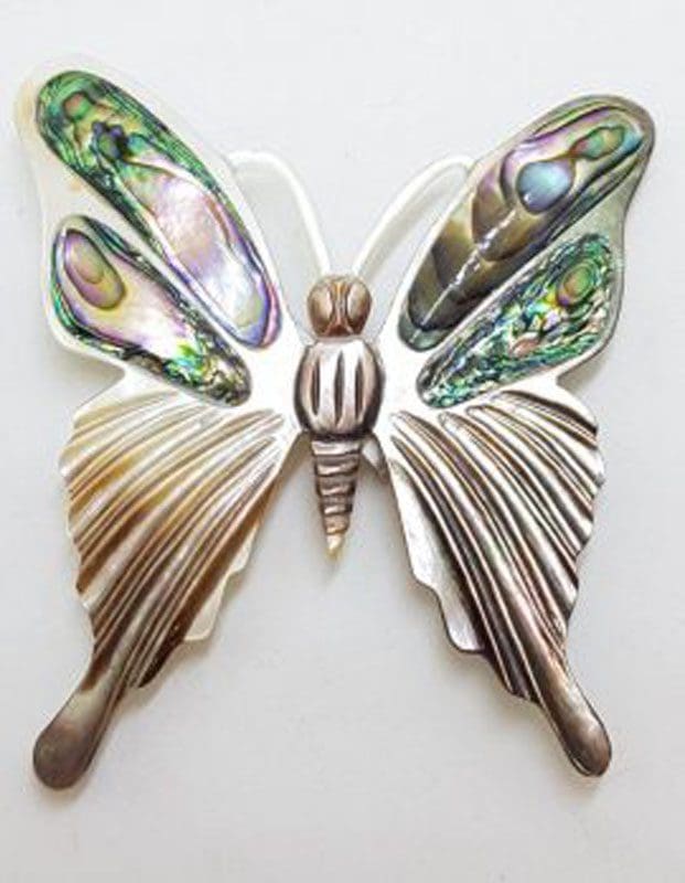 Large Carved Mother of Pearl and Paua Shell Butterfly Brooch - Vintage Costume Jewellery