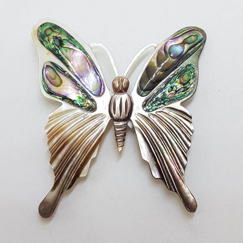 20210518_120743 Large Carved Mother of Pearl and Paua Shell Butterfly Brooch - Vintage Costume Jewellery