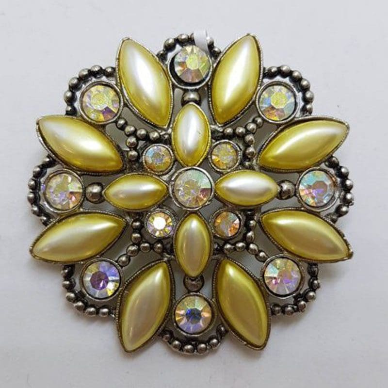 Plated Large Yellow Rhinestone Cluster Round Brooch - Vintage Costume Jewellery