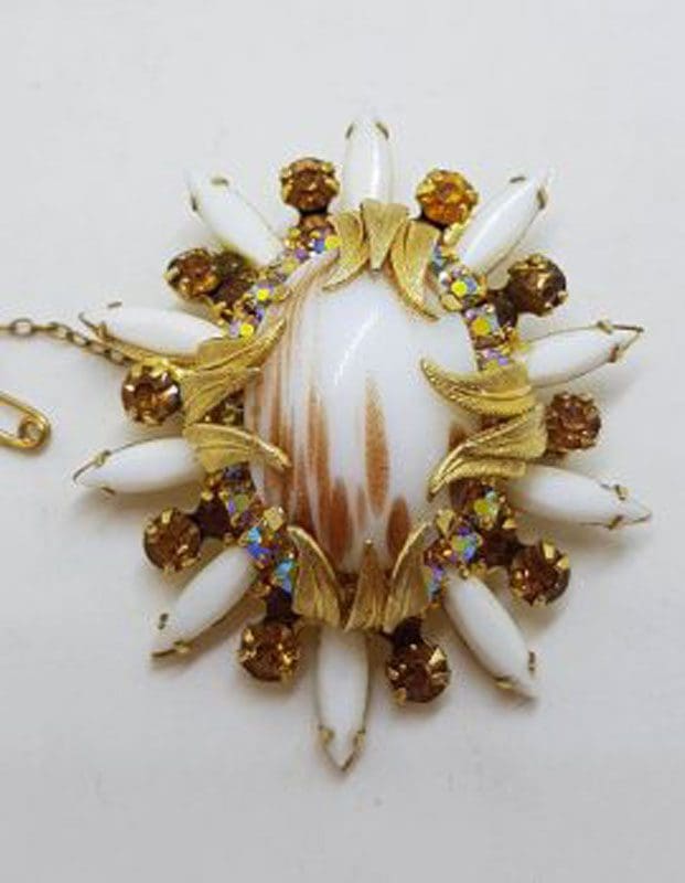 Plated Large White and Brown Rhinestone Cluster Oval Shape Brooch - Vintage Costume Jewellery