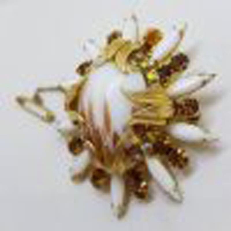 Plated Large White and Brown Rhinestone Cluster Oval Shape Brooch - Vintage Costume Jewellery