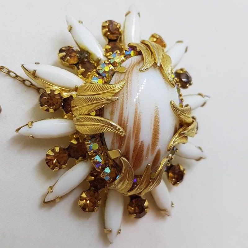 Plated Large White and Brown Rhinestone Cluster Oval Shape Brooch - Vintage Costume Jewellery