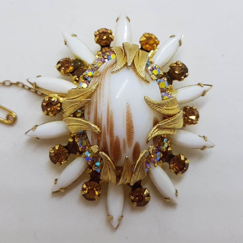 Plated Large White and Brown Rhinestone Cluster Oval Shape Brooch - Vintage Costume Jewellery