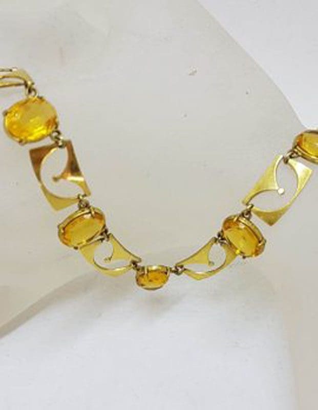 Plated Yellow Stone Necklace / Chain - German - Vintage Costume Jewellery